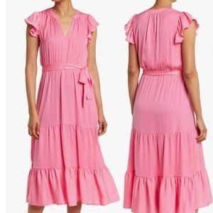 Tommy Hilfiger Bubble Pink Midi Dress Size 2 Gum Color V-Neck Fluttered Sleeves